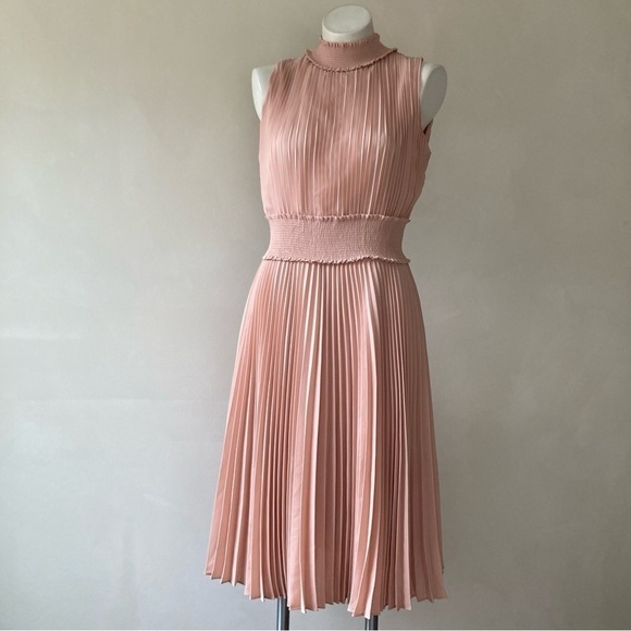 Nanette Nanette Lepore | Ruched High Neck Pleated Blush Pink Midi Dress - Picture 1 of 11